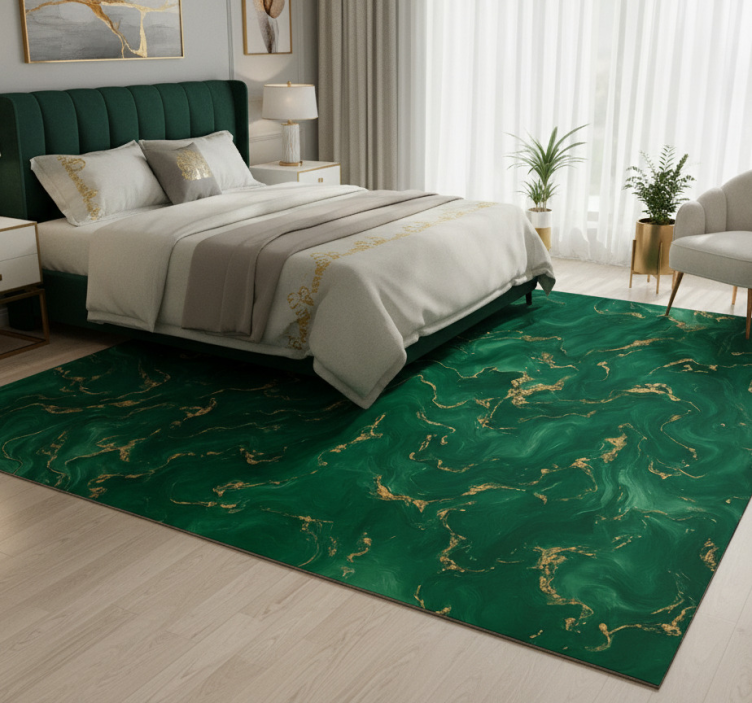 Bedroom vinyl rug in emerald green and gold marble - TenStickers