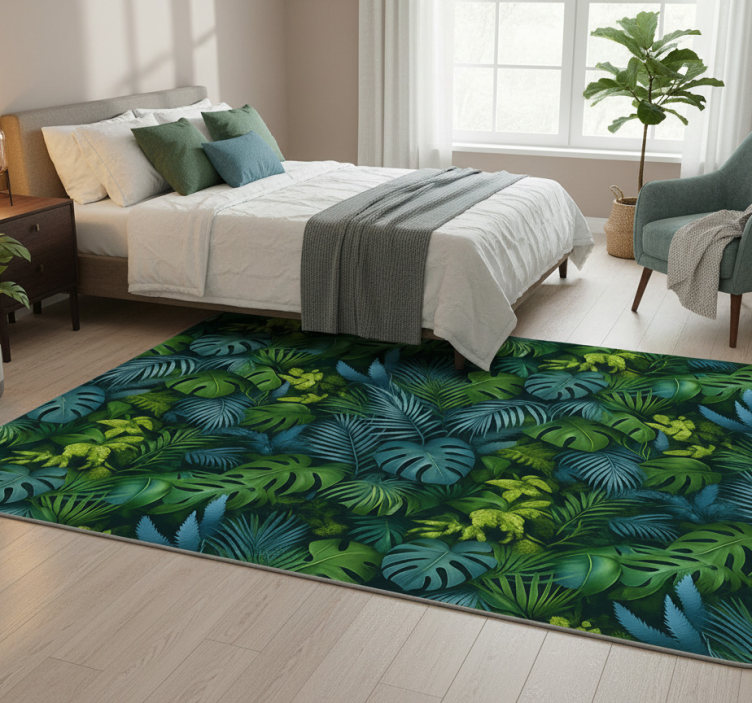 Bedroom vinyl rug in green and blue leaves - TenStickers