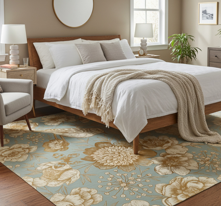 Bedroom vinyl rug in grey with gold flowers - TenStickers