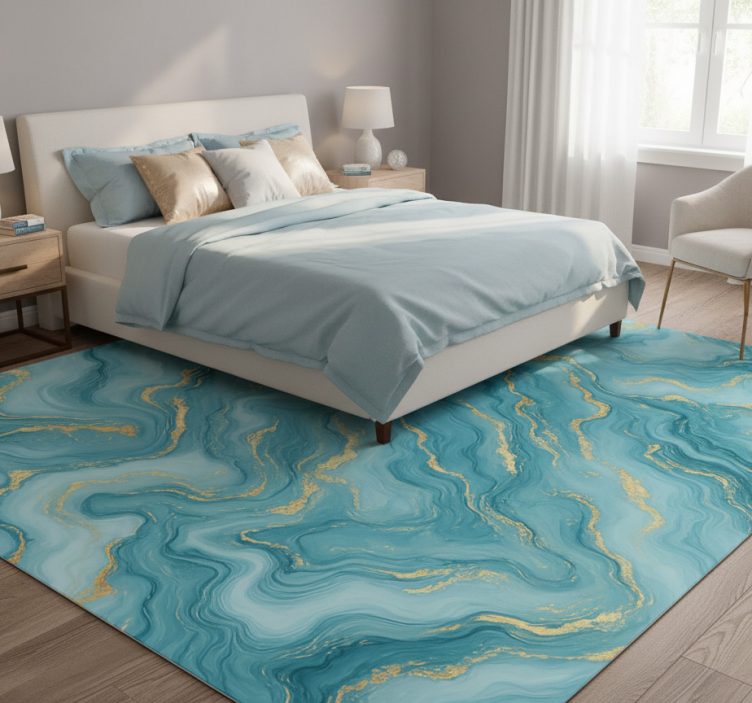 Bedroom vinyl rug in light blue and gold marble - TenStickers