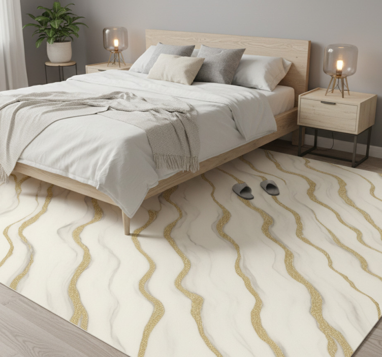 Bedroom vinyl rug white grey marble with gold lines - TenStickers