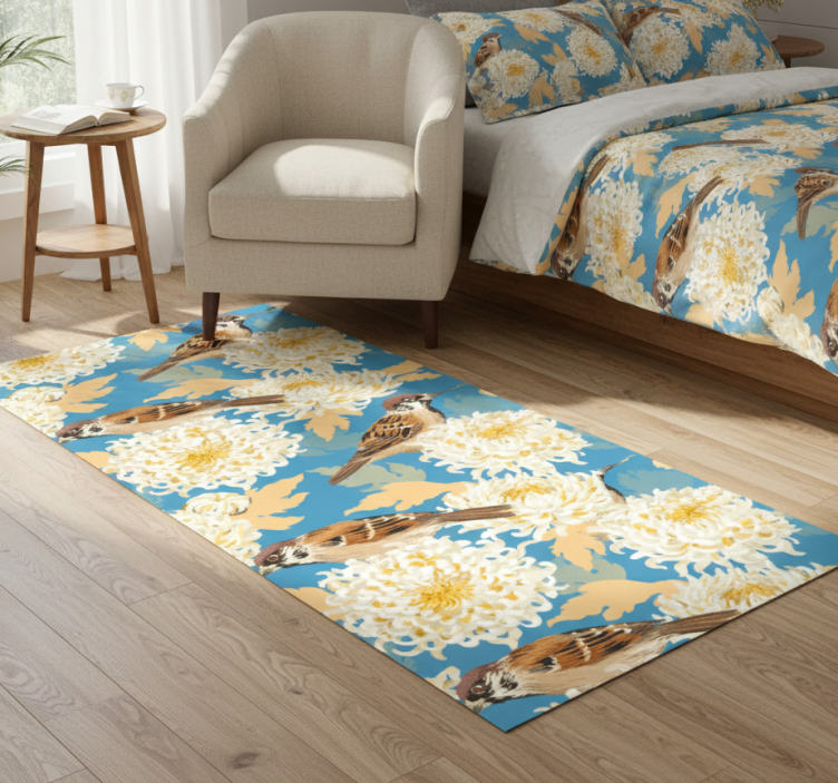 Bedroom vinyl rug with aquarella birds and leaves pattern - TenStickers
