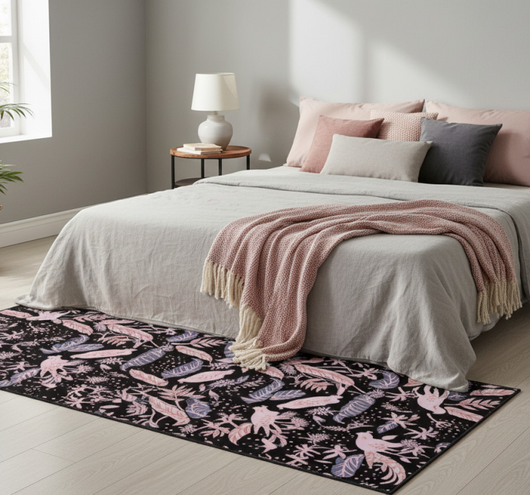 Bedroom vinyl rug with black and pink birds on leaves - TenStickers