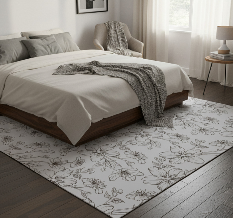 Bedroom vinyl rug with black flowers on gray - TenStickers