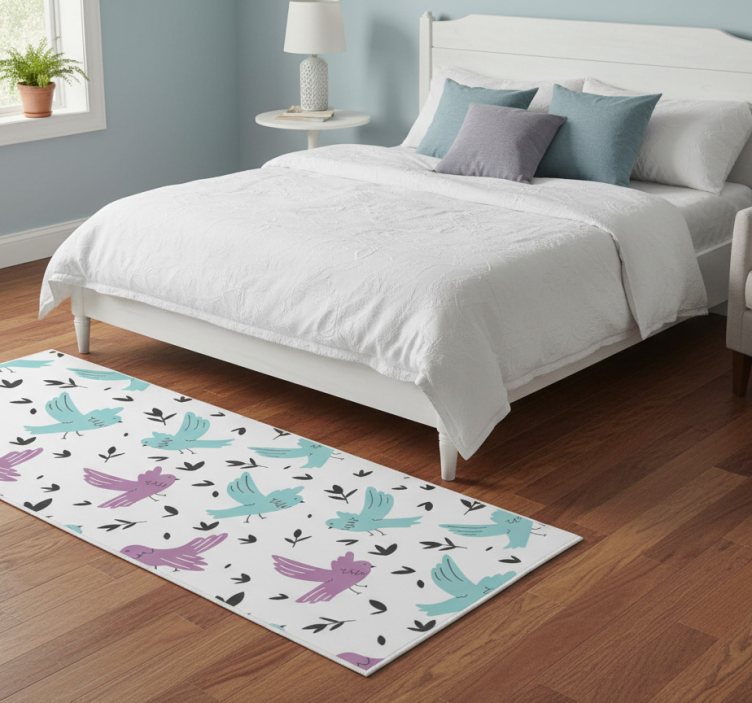 Bedroom vinyl rug with blue and purple birds design - TenStickers