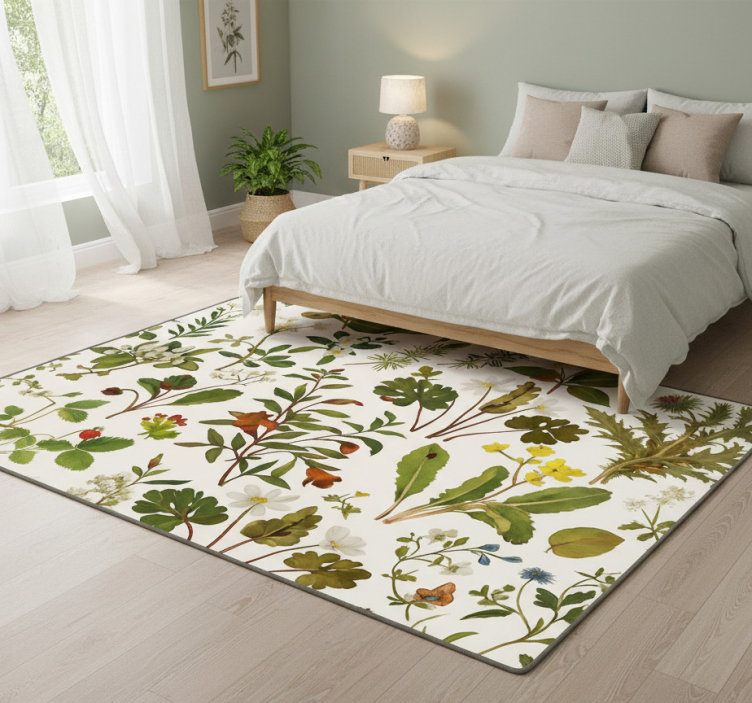 Bedroom vinyl rug with botanical design on white - TenStickers
