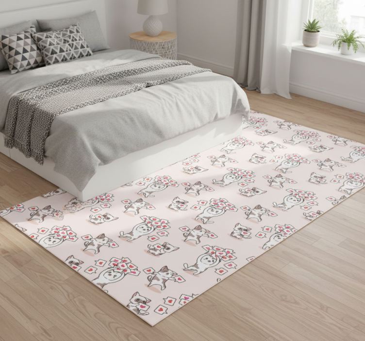 Bedroom vinyl rug with cat and heart icons pattern - TenStickers