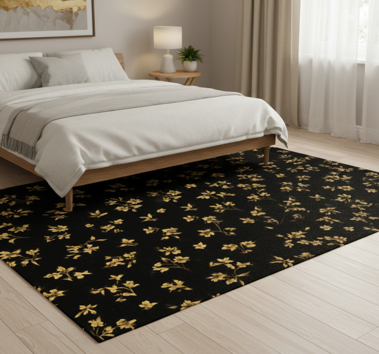 Bedroom vinyl rug with dark background and gold flowers - TenStickers