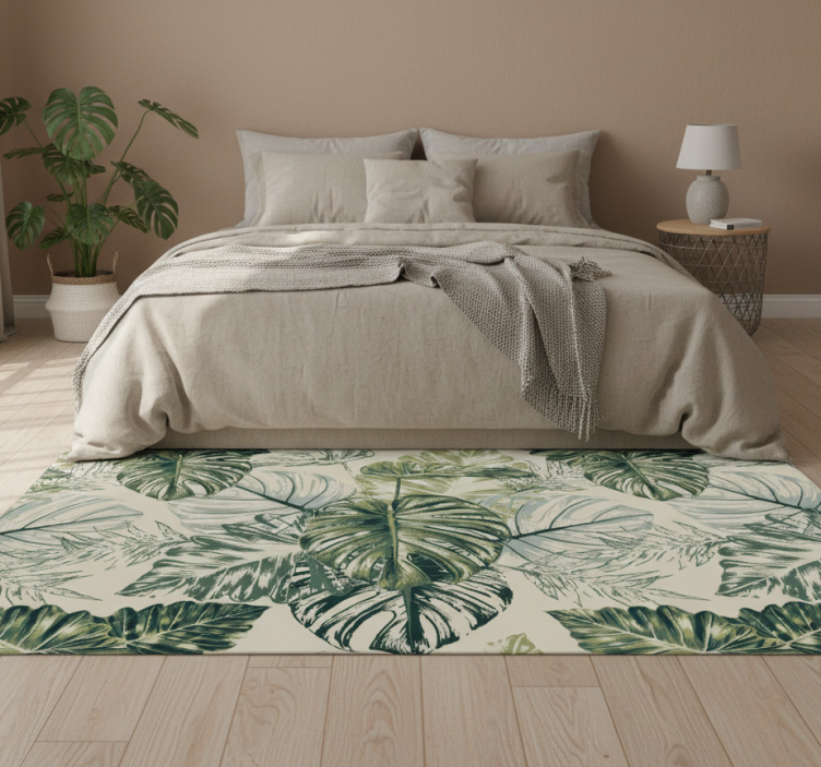 Bedroom vinyl rug with faded monstera shapes beige - TenStickers