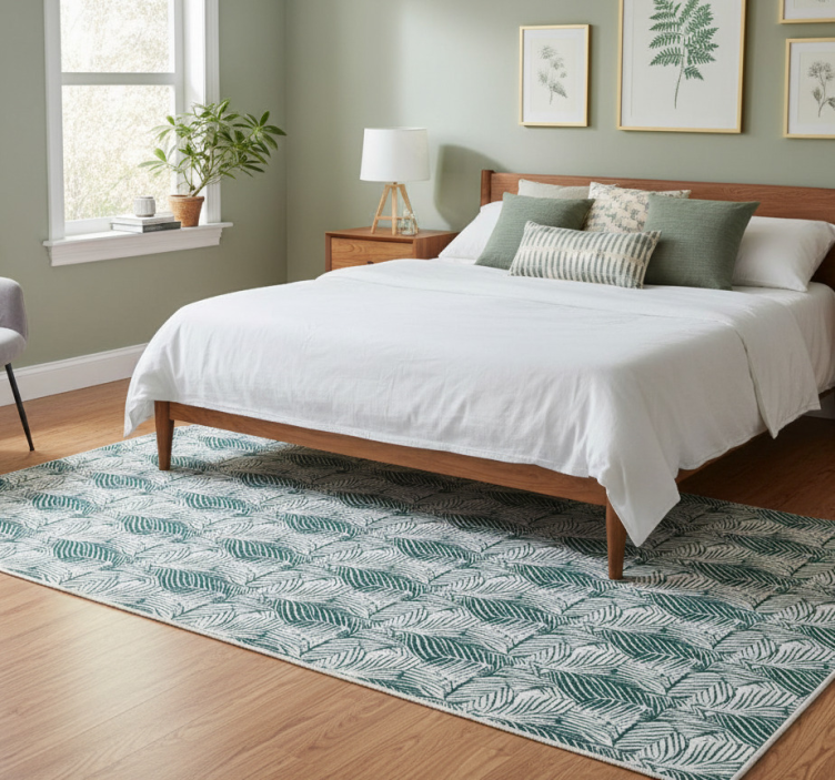 Bedroom vinyl rug with green and white leaves - TenStickers