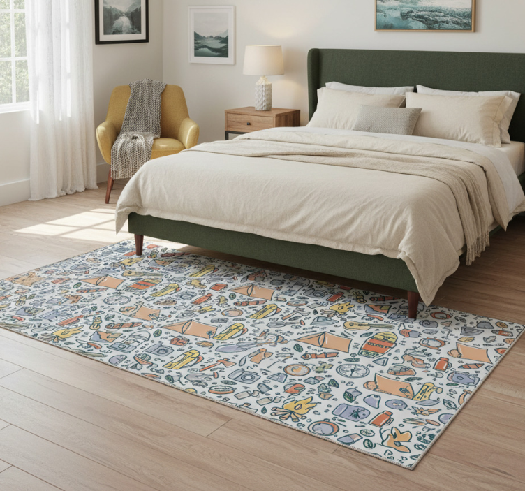 Bedroom vinyl rug with hand-drawn mountains and camping gear - TenStickers