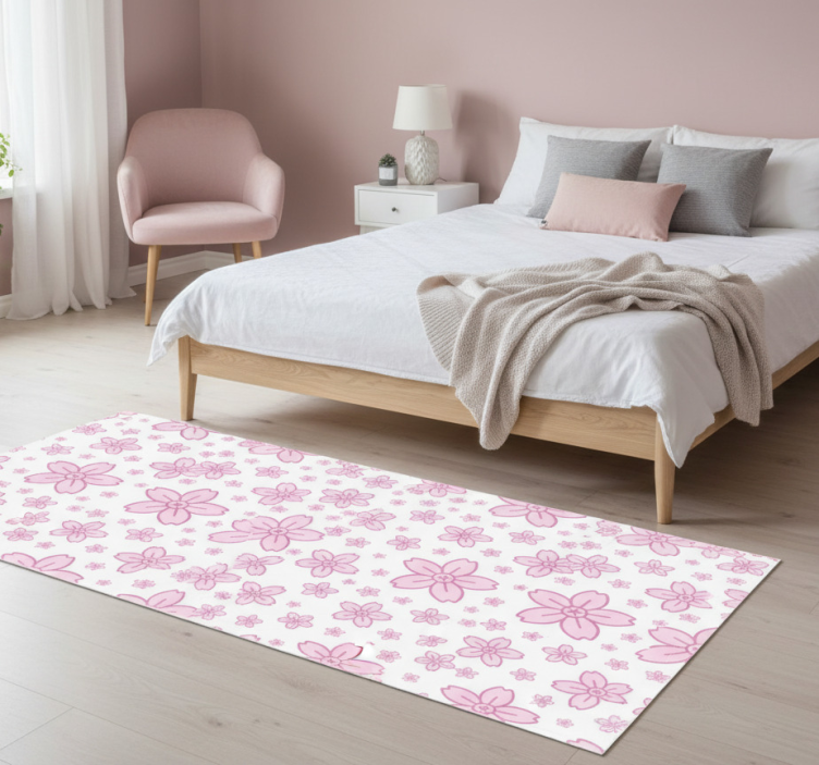 Bedroom vinyl rug with pink cute flowers on white - TenStickers
