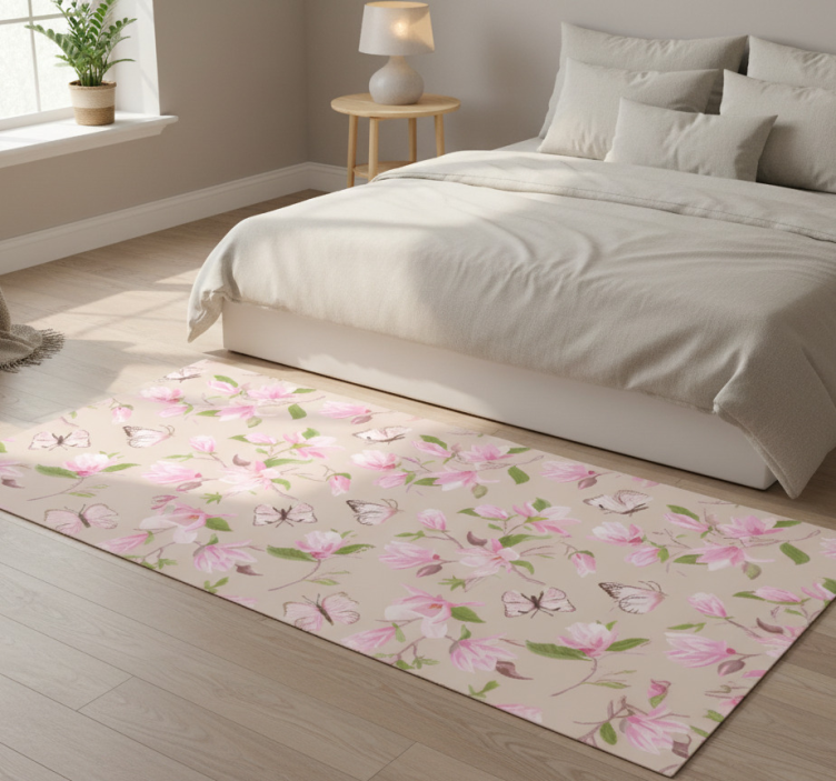 Bedroom vinyl rug with pink magnolia and butterfly - TenStickers