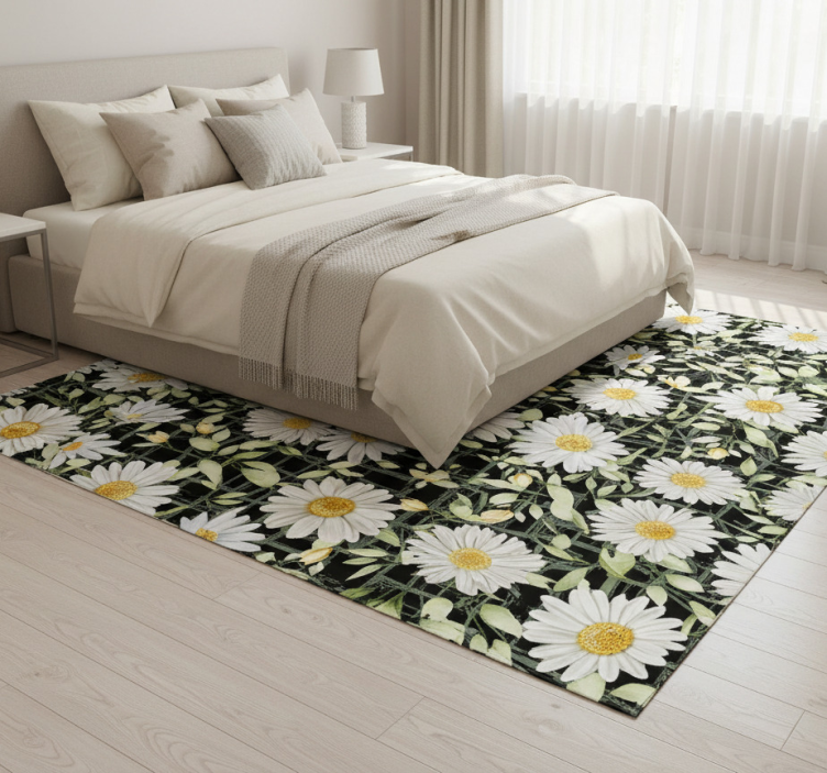 Bedroom vinyl rug with realistic daisies on stripes - TenStickers