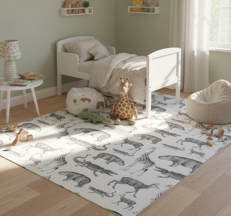 Bedroom vinyl rug with safari animals and trees border - TenStickers