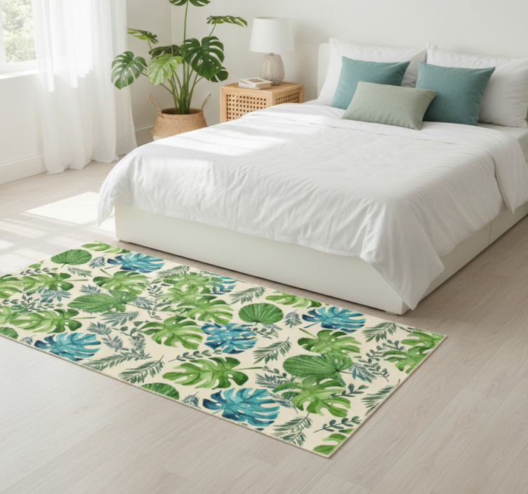 Bedroom vinyl rug with tropical green leaf pattern - TenStickers
