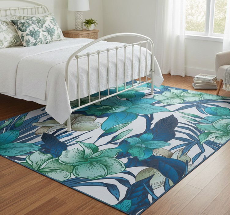 Bedroom vinyl rug with blue tropical leaves - TenStickers