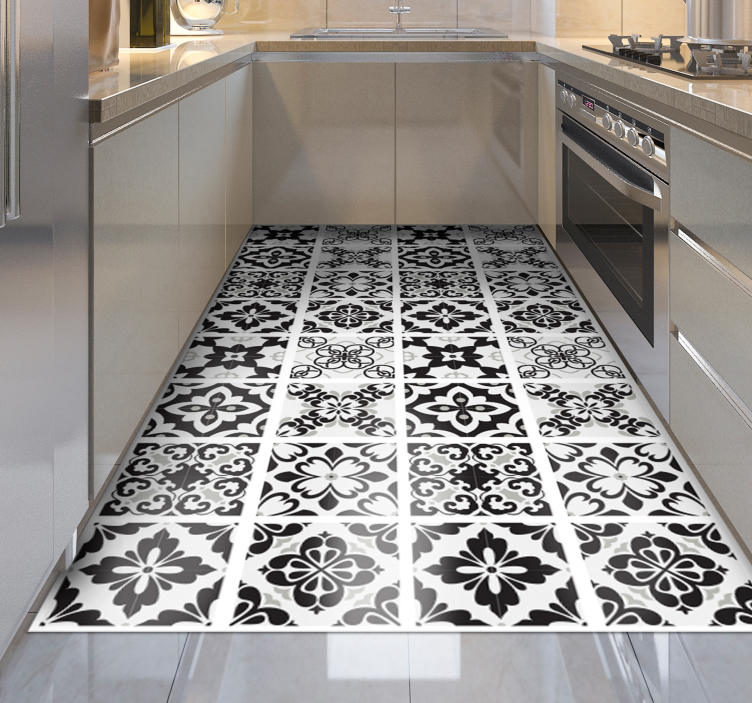 Black and white hydraulic tile kitchen vinyl rug - TenStickers