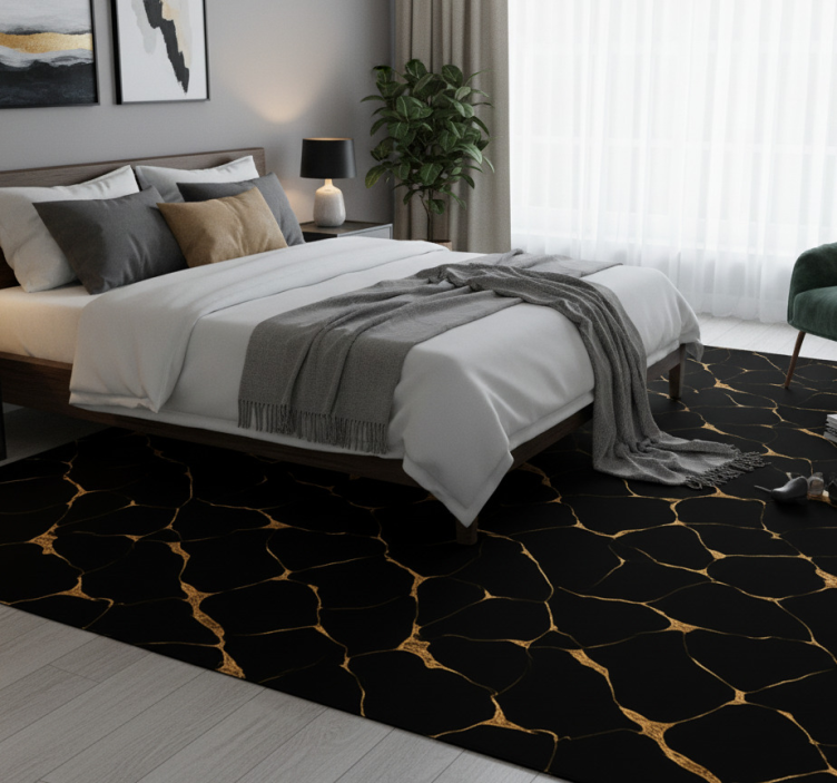 Black marble with gold cracks bedroom vinyl rug - TenStickers