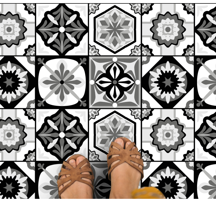 black, white and grey tiles kitchen vinyl rug - TenStickers