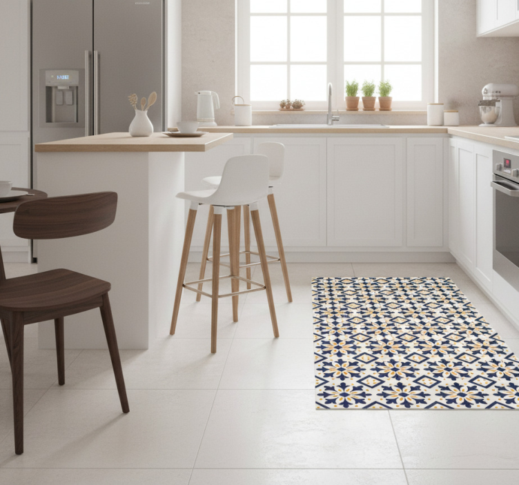 Blue and vibrant yellow portuguese tile kitchen vinyl rug - TenStickers