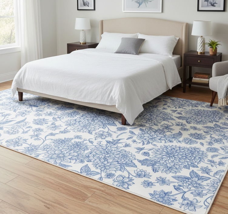 Blue dahlia floral bedroom vinyl rug - TenStickers