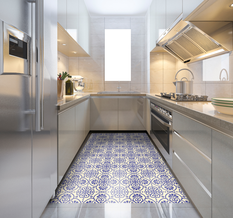 Blue floral Moroccan kitchen vinyl rug - TenStickers