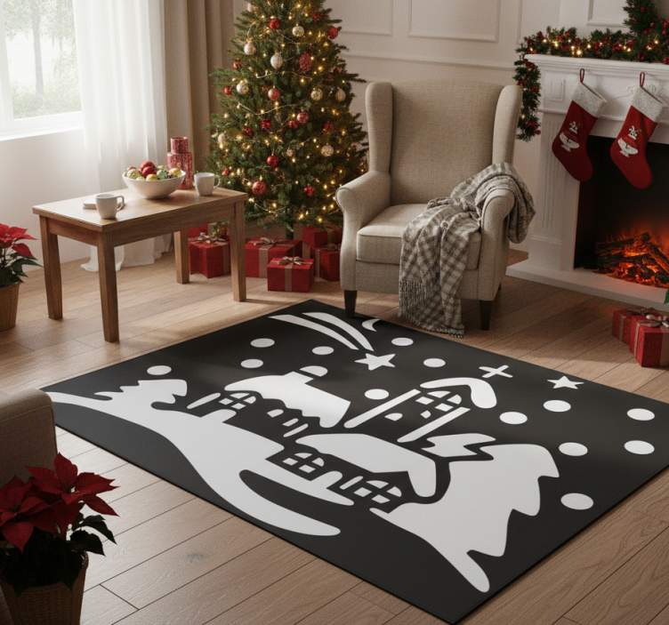 Christmas vinyl rug black and white village - TenStickers