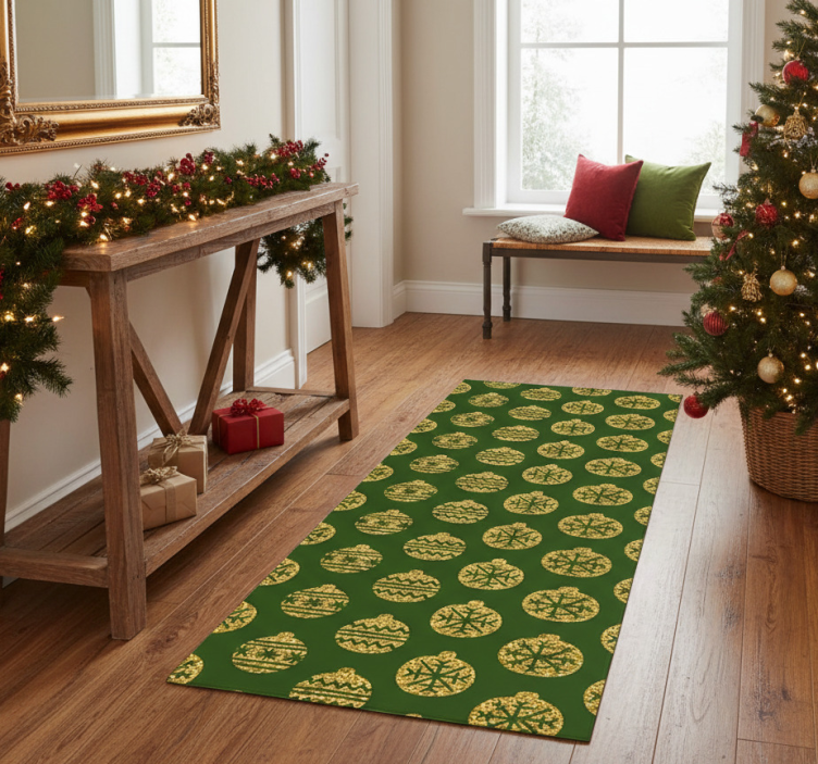 Christmas vinyl rug with golden charms on green - TenStickers