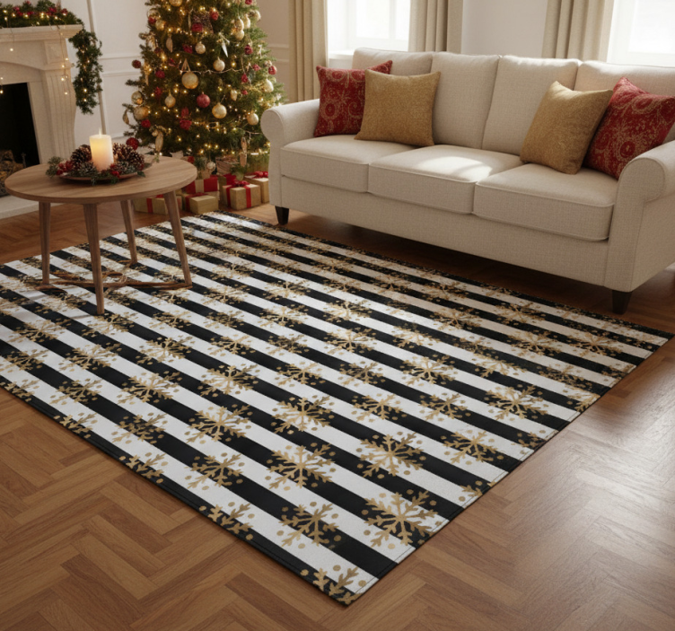 Christmas vinyl rug with golden snowflakes on stripes - TenStickers