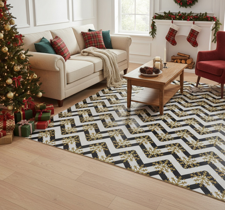 Christmas vinyl rug with golden snowflakes on zigzag - TenStickers