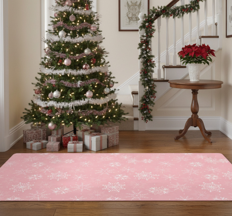 Christmas vinyl rug with white snowflakes on pink - TenStickers