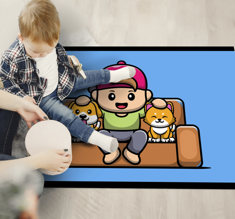 Boy with pets kids vinyl rug - TenStickers