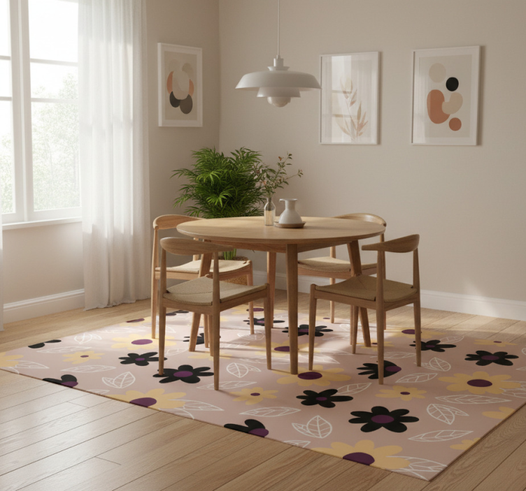 Colorful modern flowers on beige floral vinyl rug - TenStickers