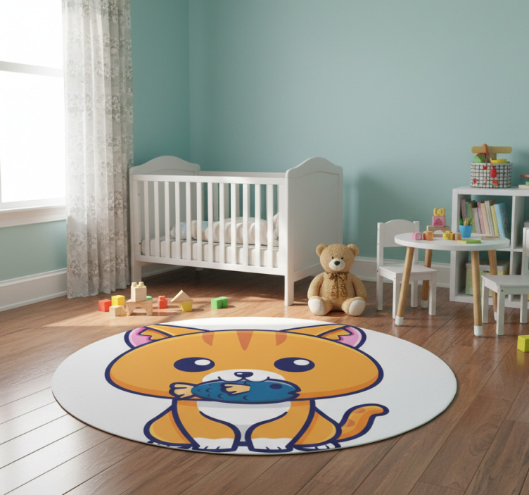 Cute cat holding fish animal vinyl rug - TenStickers