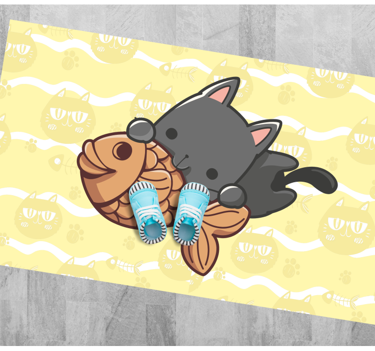 Baby cat eating fish animal vinyl rug - TenStickers