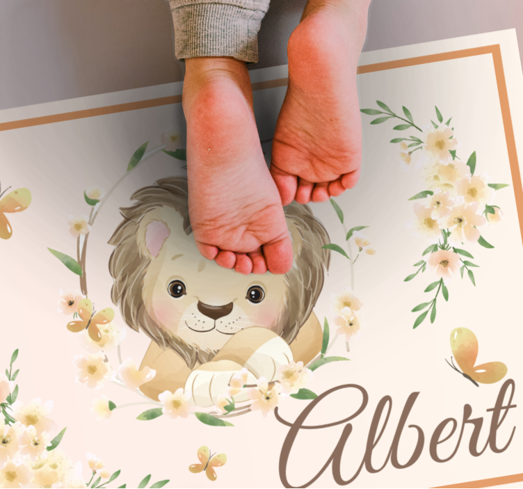 Baby lion with name kids vinyl rug - TenStickers