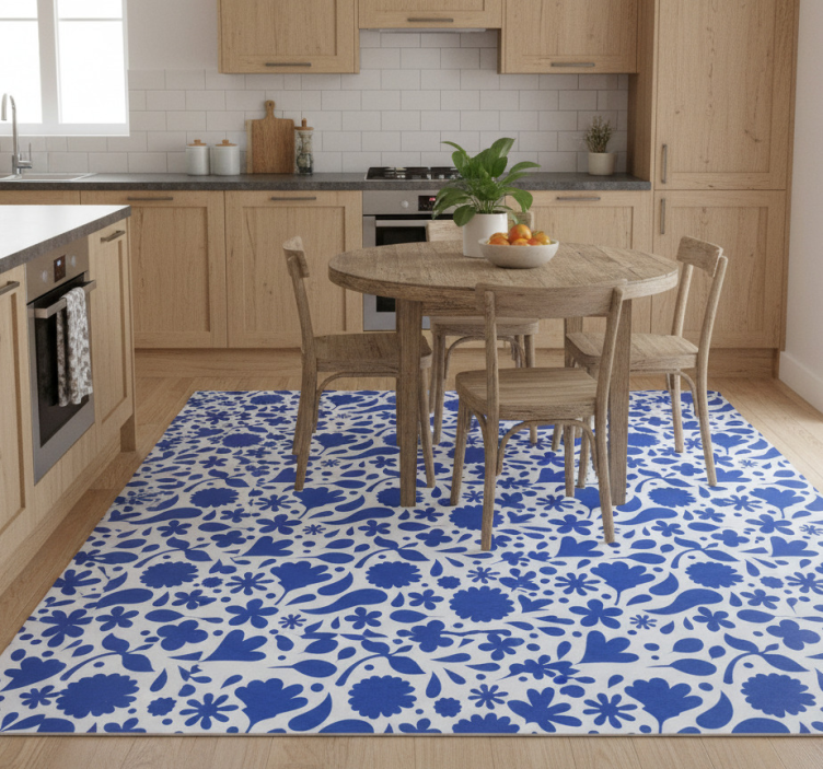 Delft blue floral kitchen vinyl rug - TenStickers