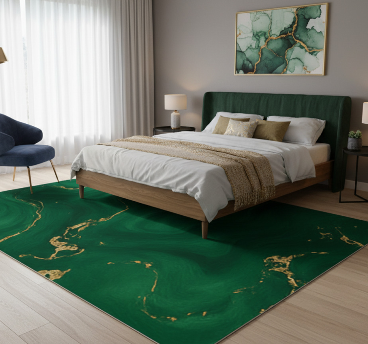 Emerald green with gold marble bedroom vinyl rug - TenStickers