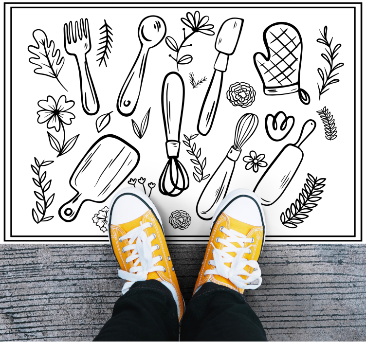Floral and with utensils kitchen floor tiles - TenStickers