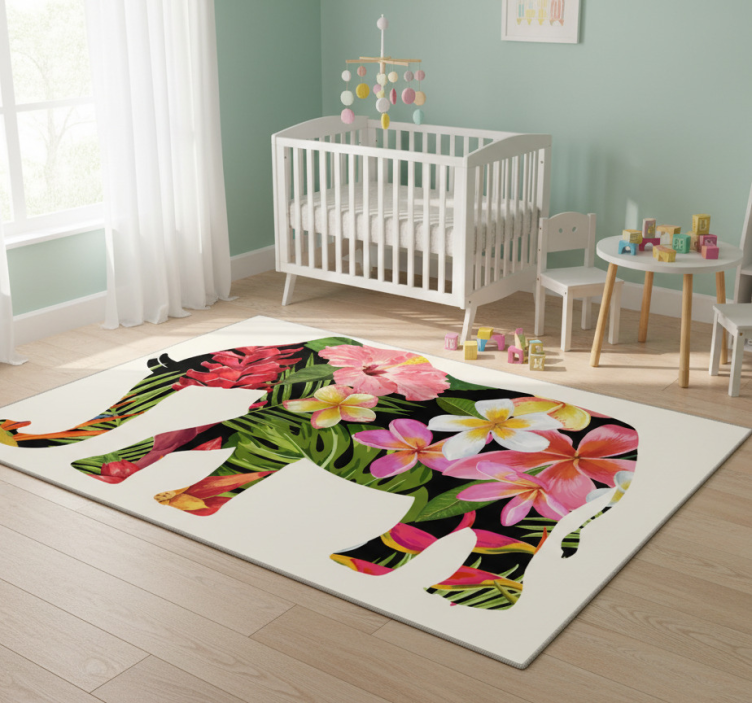 Floral elephant silhouette animal vinyl rug - TenStickers