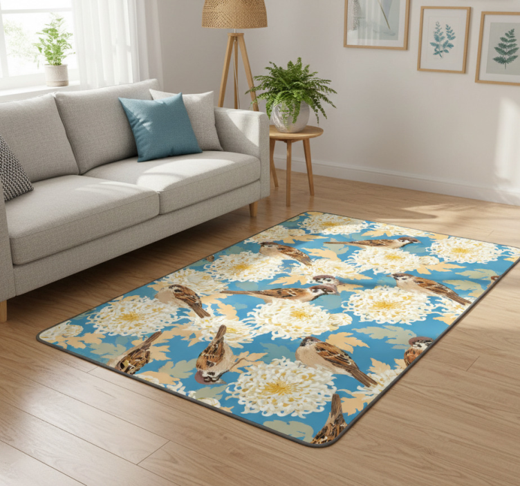Floral vinyl rug aquarella birds and leaves design - TenStickers