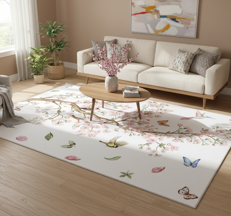 Floral vinyl rug cherry blossom with birds - TenStickers