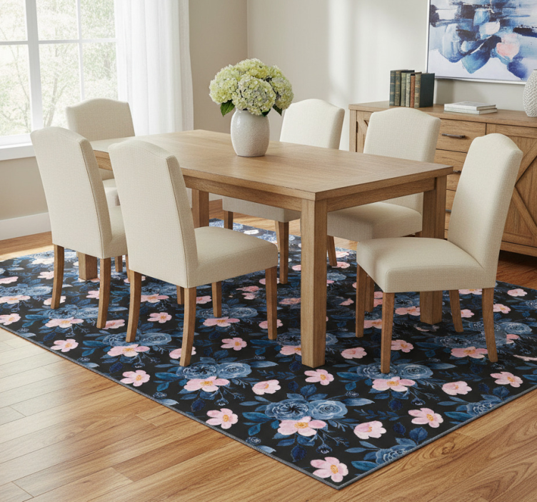 Floral vinyl rug in blue and pink on black - TenStickers
