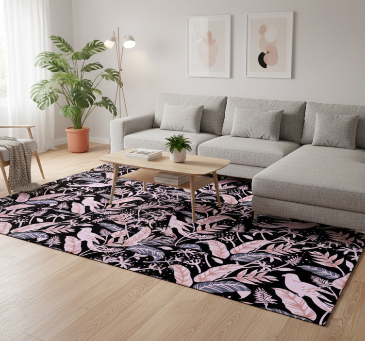 Floral vinyl rug with black and pink birds on leaves - TenStickers