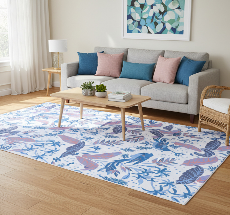 Floral vinyl rug with blue and pink birds on leaves - TenStickers