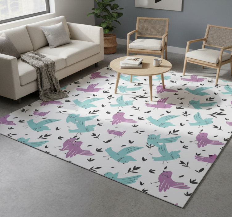 Floral vinyl rug with blue and purple birds design - TenStickers