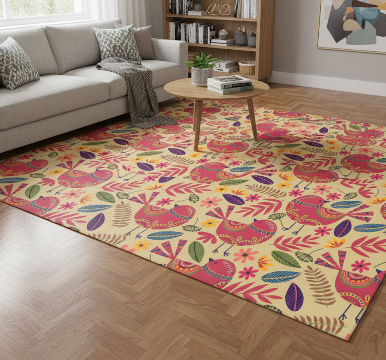 Floral vinyl rug with colorful birds folk art design - TenStickers