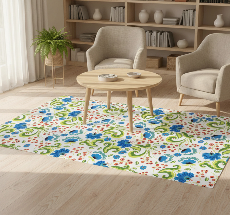 Floral vinyl rug with green and blue flowers everywhere - TenStickers