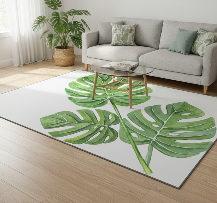 Floral vinyl rug with monstera watercolor leaves - TenStickers